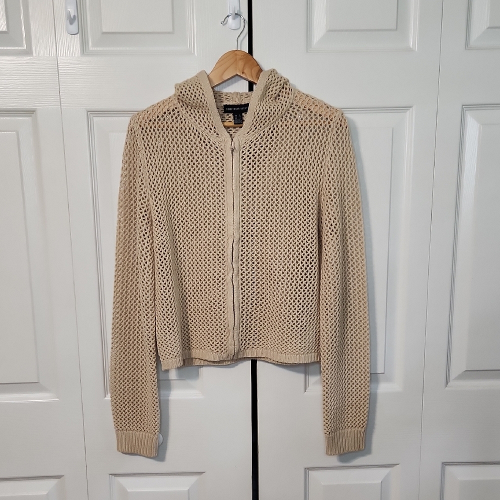 Streetwear Society Womens Tan‎ Open Knit Full Zip Hooded Sweater Size LG Beach